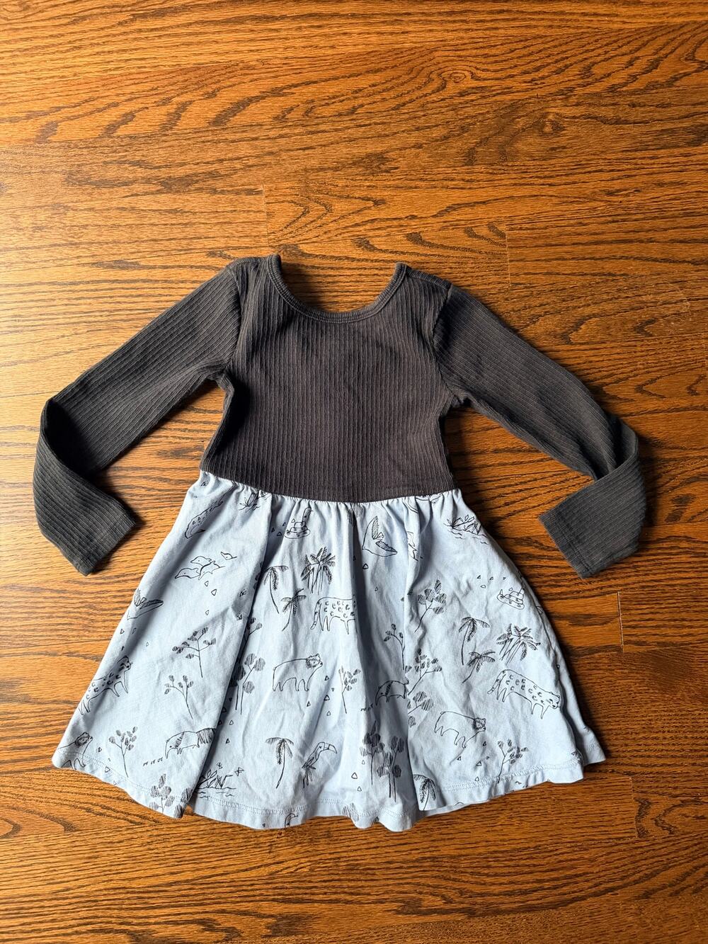 Tea Collection Black and Blue Animal Printed Long Sleeve Girl's Dress - 4 - Picture 1 of 4